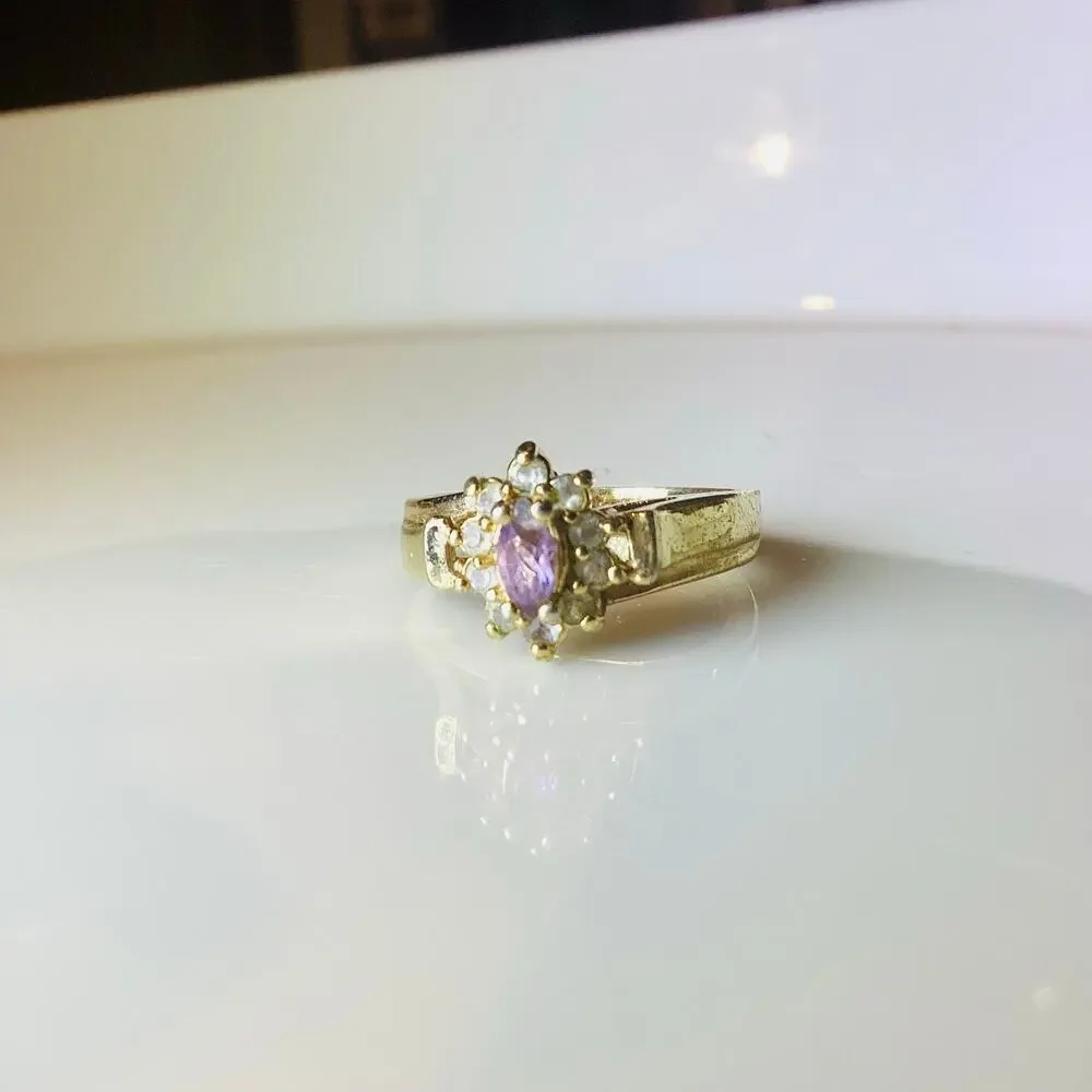 Simulated Amethyst and Crystal Halo Ring